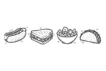 Black and white sketch of hotdog, sandwich, salad, and taco