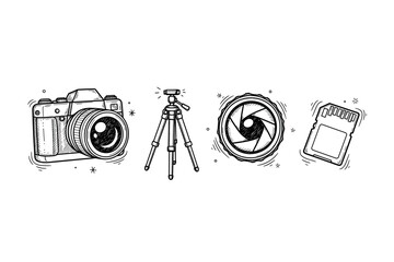 Hand-drawn camera gear set: vintage camera, tripod, lens, sd card