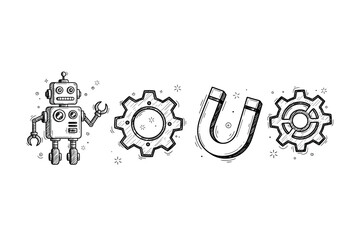 Retro robot with gears and magnet in doodle style art