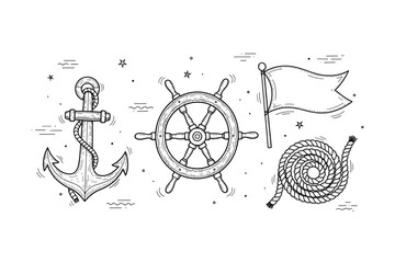 Nautical elements anchor wheel flag rope in vintage style illustration