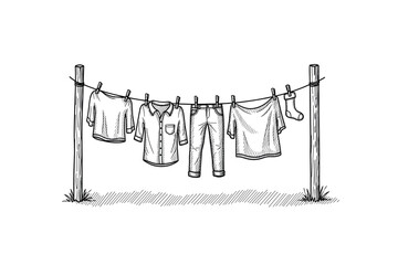 Line drawing of clothes drying on a line with shirts, pants, and socks