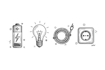 Hand-drawn battery, light bulb, cable, and socket sketch