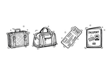 Hand-drawn travel essentials: suitcase, bag, ticket, passport illustrations