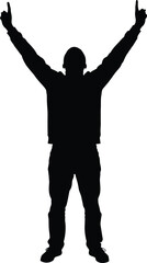 Full body black silhouette of triumphant man raising hands and pointing up success gesture