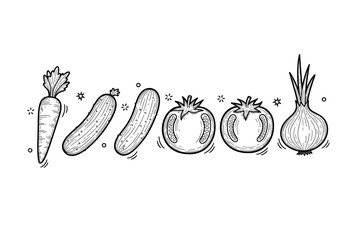 Black and white line art of vegetables with carrot, cucumber, tomato, onion