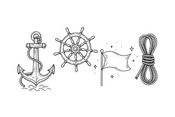 Nautical symbols: anchor, ship wheel, flag, and rope illustrations