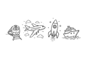 Hand-drawn illustrations of train, airplane, rocket, and ship in black and white