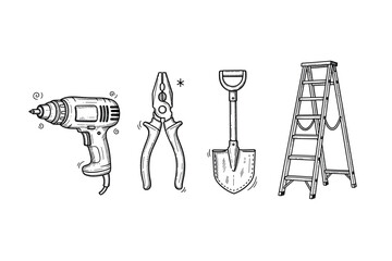 Sketch of drill, pliers, shovel, and ladder - essential tools collection