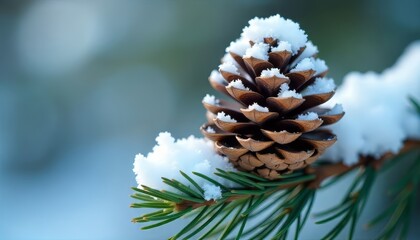 A close-up of a snow-covered pine cone nestled on a green fir branch in the winter cold.