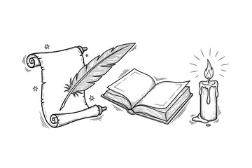 Quill with scroll and open book near candle: vintage writing tools illustration