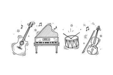 Hand-drawn musical instruments: guitar, piano, drum, violin with musical notes