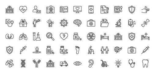 Medical and healthcare line icon set. Vector pictograms of hospital, heart, syringe, pills, and dna, thin linear illustration.