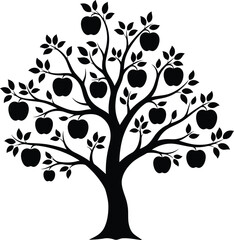 Black Silhouette of an Apple Tree with Fruit and Leaves Vector Illustration Icon