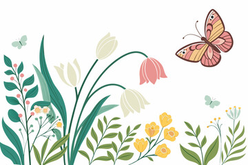 Spring season frame with flowers butterflies and green leaves vector design