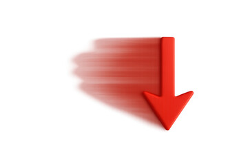 Red arrow falling down quickly, showing decline, decrease, and negative market trends, transparent background