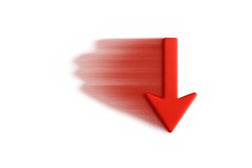 Red arrow falling down quickly, showing decline, decrease, and negative market trends, transparent background