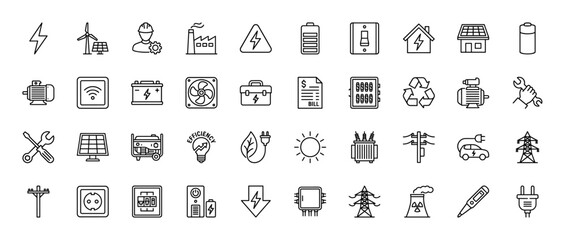 Fototapeta premium Energy and electricity line icon set. Vector pictograms of wind turbine, battery, factory, solar panel, and power grid elements, thin linear illustration.