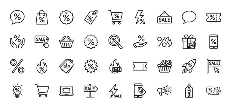 E-commerce and sale line icon set. Vector pictograms of discount tags, shopping cart, coupon, and percentage signs, thin linear illustration.