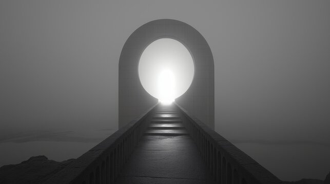 Surreal bridge misty atmosphere portal futuristic minimal symmetry mysterious fantasy monochrome dreamlike scene. bridge ends in mid air leading to glowing circular portal