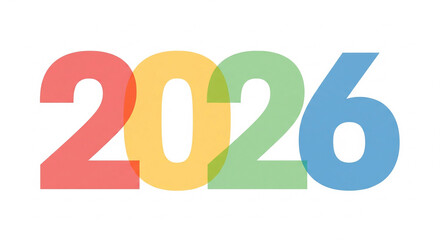 Bright and colorful 2026 year typography with overlapping translucent numbers in red, yellow, green, and blue on a clean white background