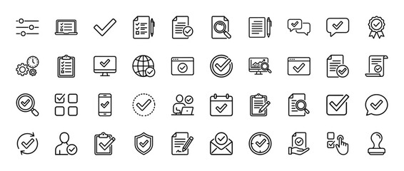 Business and compliance line icon set. Vector pictograms of approved checklist, secure document, verified globe, and quality guarantee, thin linear illustration.