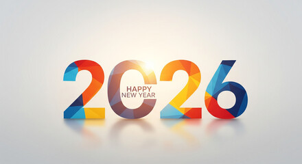 Bright and colorful polygonal 2026 typography with a sunburst effect, perfect for happy new year celebrations, energy, and future events