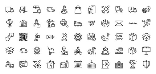 Logistics and shipping line icon set. Vector pictograms of truck, airplane, warehouse, and delivery, thin linear illustration.