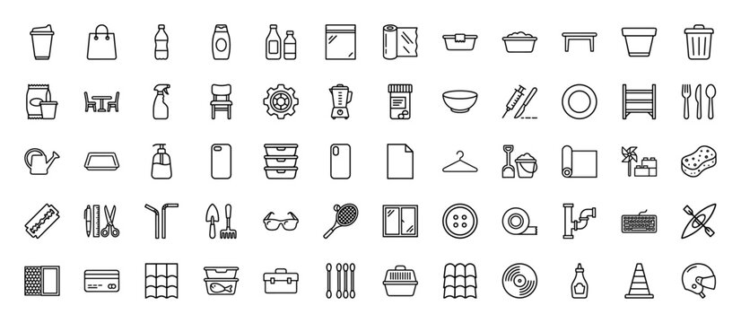 Household objects and domestic items line icon set. Vector pictograms of furniture, gardening tools, kitchenware, and supplies, thin linear illustration.