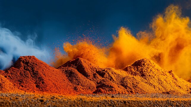 Colorful spices turmeric paprika cumin create vibrant desert dune shapes with dramatic powder explosion, evoking energy and creativity in culinary concept art scene