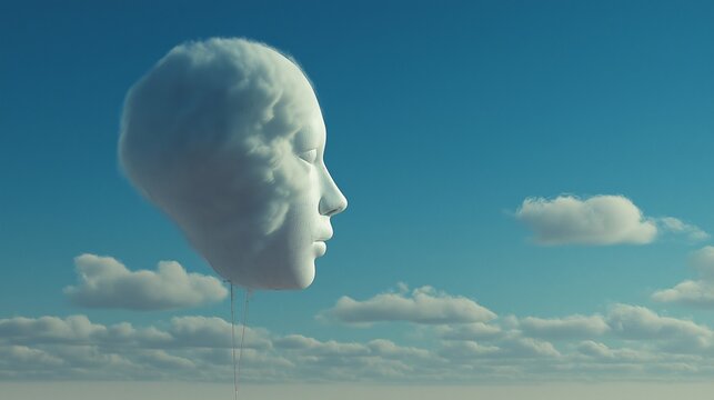 Surreal cloud head floating in blue sky, dreamlike and detached from reality, evokes calm and wonder, blending human face with nature in peaceful, imaginative scene - Powered by Adobe