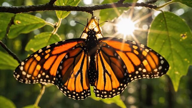 A monarch butterfly emerging from its cocoon, hanging from a leafy branch with sun shining through wings, in a natural setting with green foliage and warm tones.