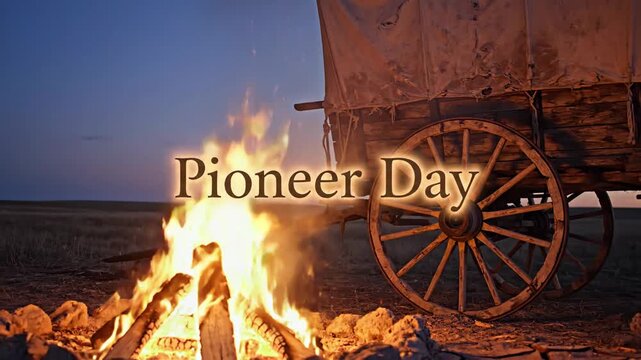 Pioneer Day Historical Covered Wagon and Burning Campfire at Dusk