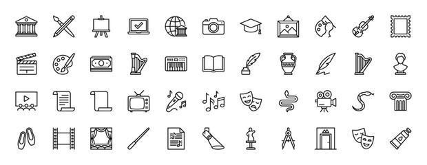 Arts and culture line icon set. Vector pictograms of paintbrush, palette, violin, harp, cinema camera, theatre masks, book, museum statue, thin linear illustration.