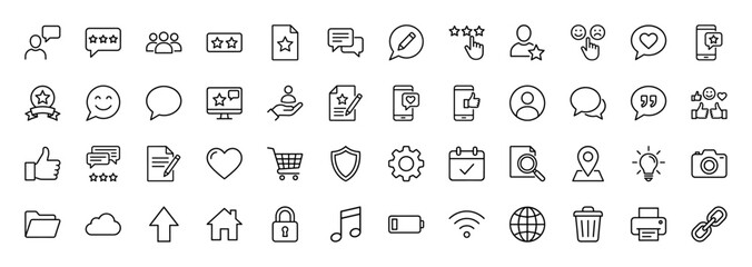 Social media and commerce line icon set. Vector pictograms of chat, rating, like, calendar, camera, and security, thin linear illustration.
