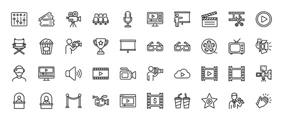 Fototapeta premium Movie and cinema entertainment line icon set. Vector pictograms of camera, ticket, clapboard, film reel, and projector, thin linear illustration.