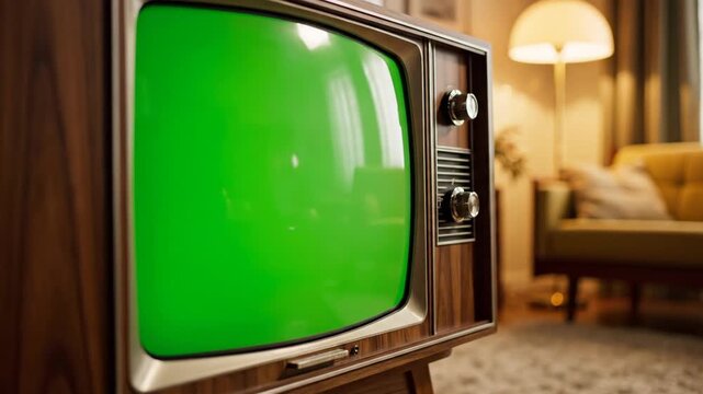 Vintage Television with Green Screen in Cozy Living Room