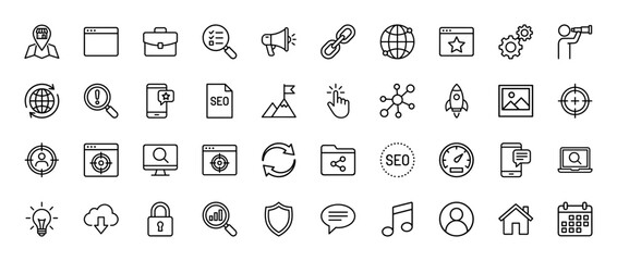 Fototapeta premium Digital marketing and seo line icon set. vector pictograms of magnifying glass, globe, target, folder, and calendar, thin linear illustration.
