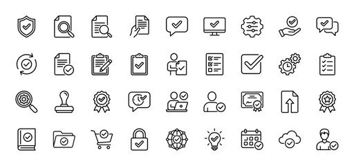 Quality control and approval line icon set. vector pictograms of checklist, document, stamp, and certificate, thin linear illustration.
