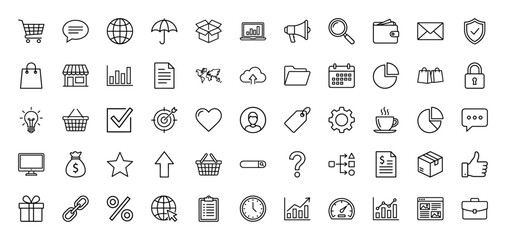 Fototapeta premium E-commerce and business line icon set. Vector pictograms of shopping cart, wallet, calendar, graph, package, and global network, thin linear illustration.