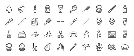 Cosmetics and beauty line icon set. Vector pictograms of makeup, skin care, hair brush, razor, and nail polish, thin linear illustration.