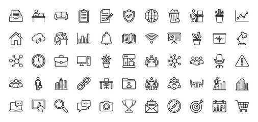 Business and office line icon set. Vector pictograms of document, chart, building, computer, meeting, and target, thin linear illustration.