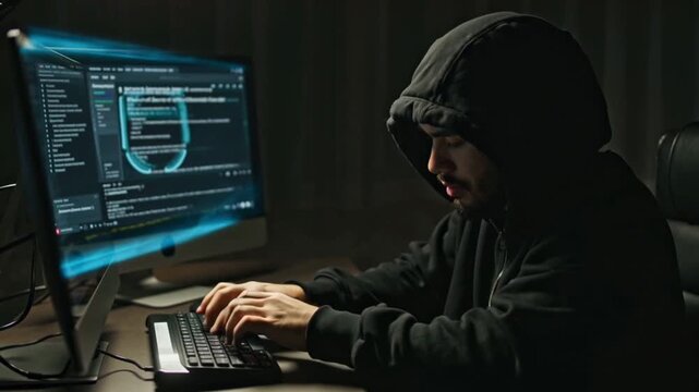 A computer programmer or hacker prints a code on a laptop keyboard to break secret organization system be aware hacker attack hacker steal information Cybersecurity social network data protection