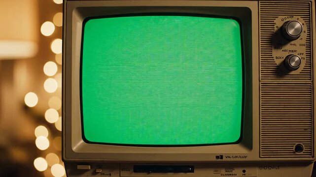 Vintage Television with Green Static Screen and Warm Bokeh Background