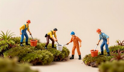 Miniature workers engaged in planting and gardening in a lush green landscape