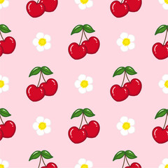 Seamless red cherry pattern design, flat cherry pattern template vector. 