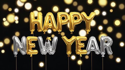 Happy new year text made of shiny gold and silver foil balloons against a dark background with festive golden bokeh lights for celebration and holiday greeting - Powered by Adobe