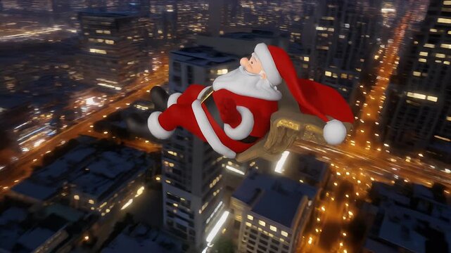 Santa Claus flying over a city at night with lights illuminated, festive holiday season