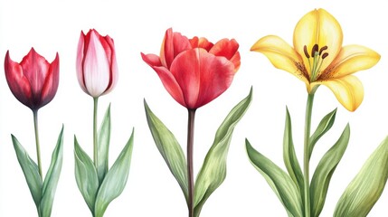Naklejka premium Botanical watercolor illustration of tulips and lily blossoms on a white background
