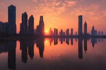 Breathtaking City Skyline at Sunset with Vibrant Orange Purple Sky and Reflections on Water Capturing Urban Serenity and Natural Beauty