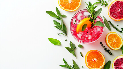 High-end cocktail featuring vibrant colors and fresh herbs captured in a stylish presentation with citrus garnishes